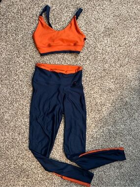 Reversible Orange & Navy High-Waist Leggings with Matching Sports Bra